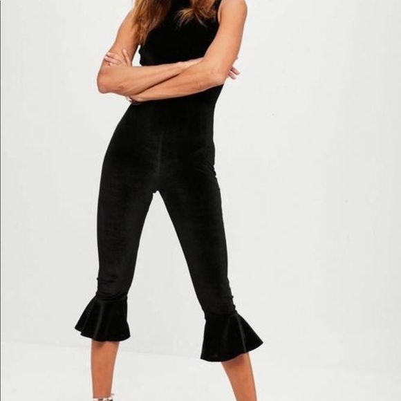 Black Velvet High Neck Ruffle Leg Jumpsuit - Picture 3 of 7
